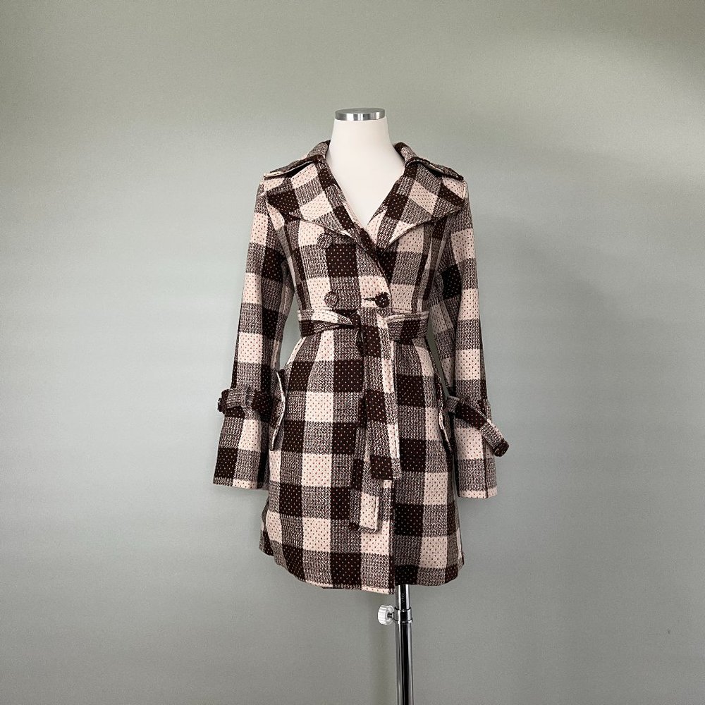 Handmade Vintage Inspired Brown Buffalo Plaid Tweed Trench Coat Jacket | Sz S